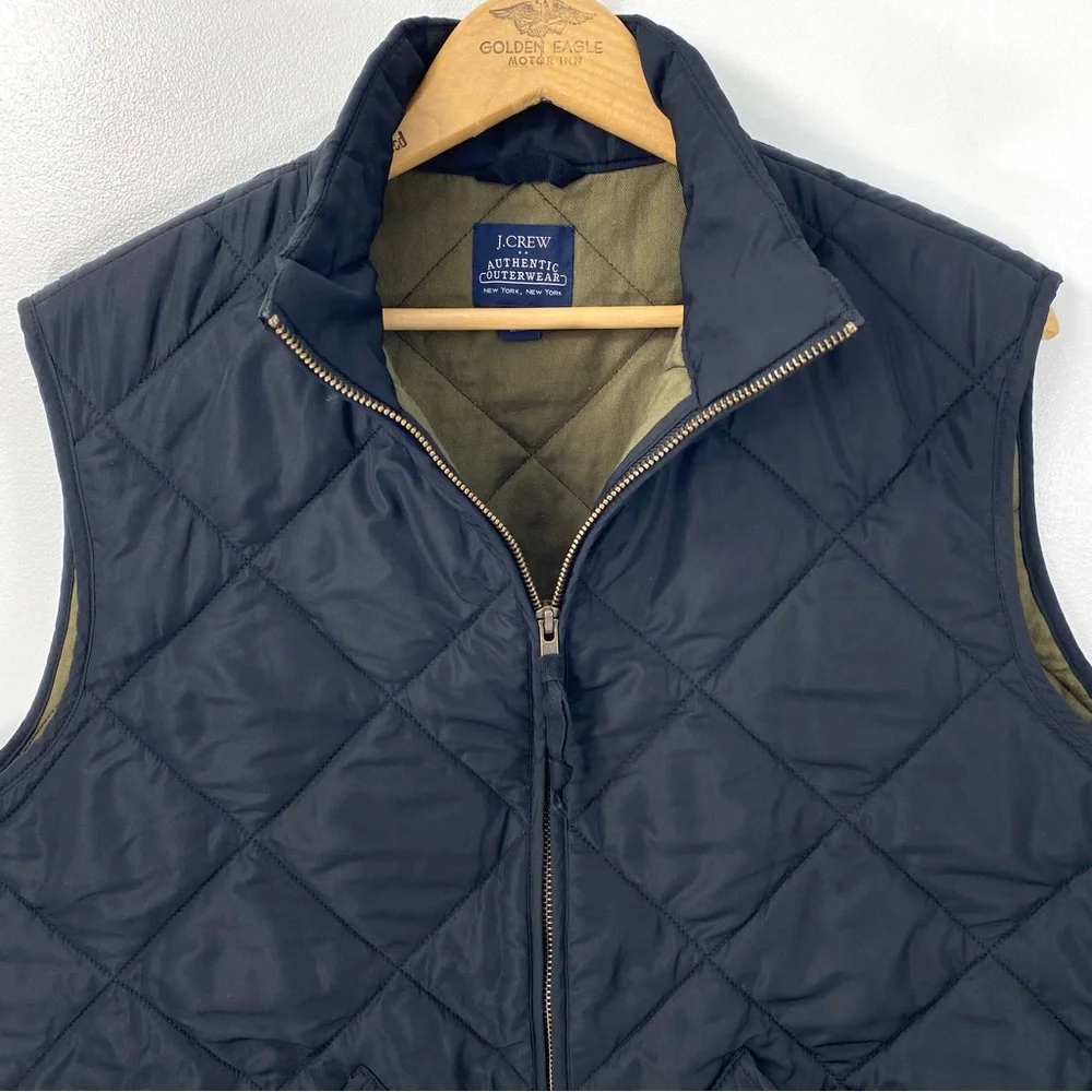J. Crew Authentic Outerwear New York NY Black Olive Green Quilted Zip Up Vest M
